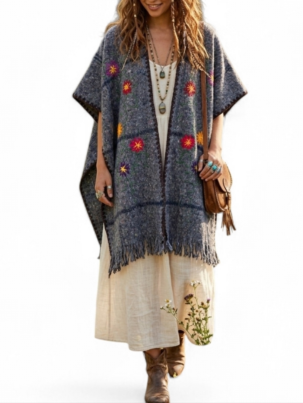 Vintage Floral Hand Embroidered Wool Blend Poncho Cape Grey Whimsigoth
